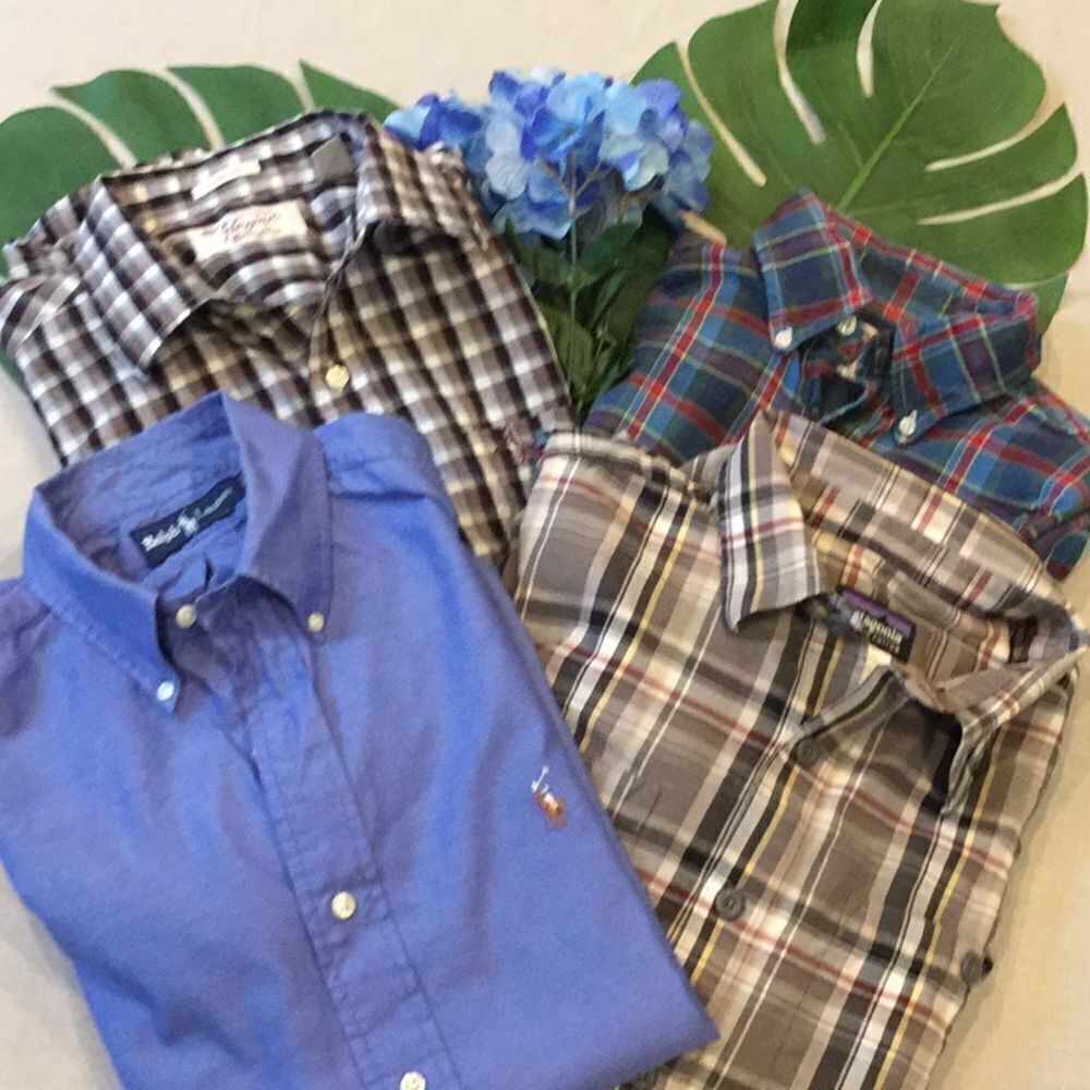 👕4 Men’s Button‎ Front Shirts Plaid and Solid M 👕